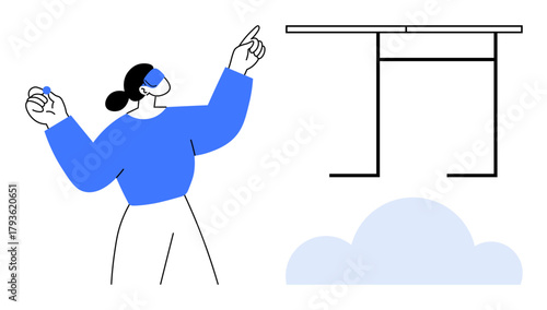 Confident woman gesturing upward with one hand and holding an object in the other, standing beside a minimal table outline and cloud. Ideal for innovation, aspiration, creativity, growth