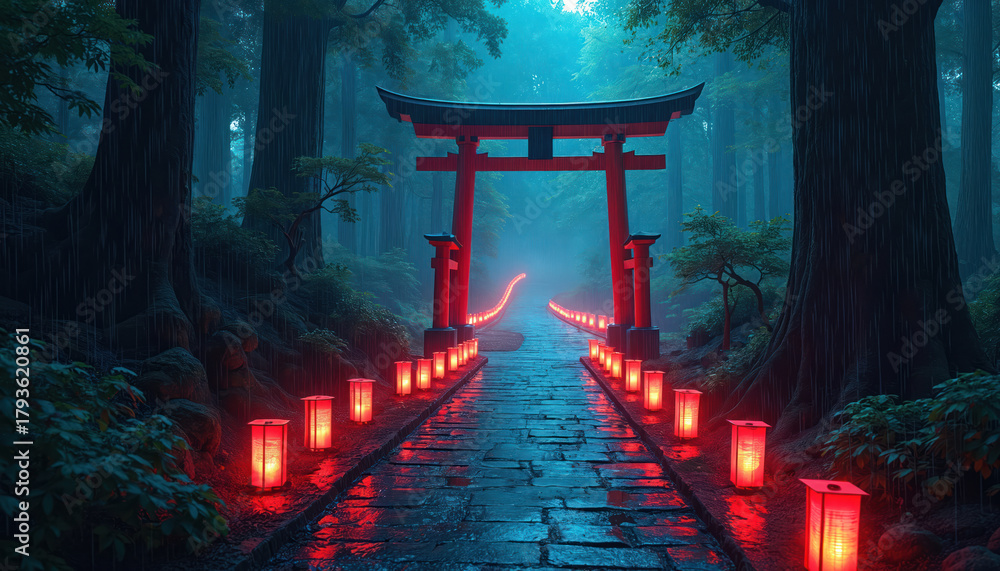 Fototapeta premium Red torii gate and glowing lanterns line a wet stone path in a foggy Japanese forest at night. Rain falls on trees surrounding the mystical illuminated walkway. Serene scene.