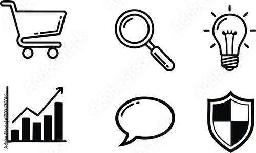 Shopping cart magnifying glass light bulb bar chart speech bubble shield line art icons vector illustration 