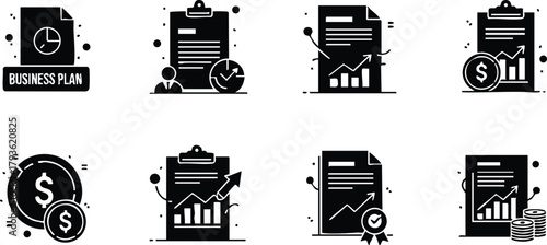 Business plan icons set with financial charts and document symbols for professional strategy and growth