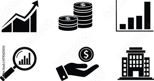 Business finance icons set with charts coins hand magnifier and building vector illustration