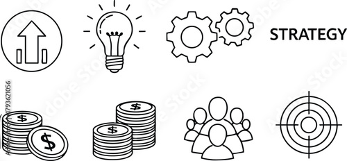 Business strategy concept with growth arrow light bulb gears target and money coins vector icons