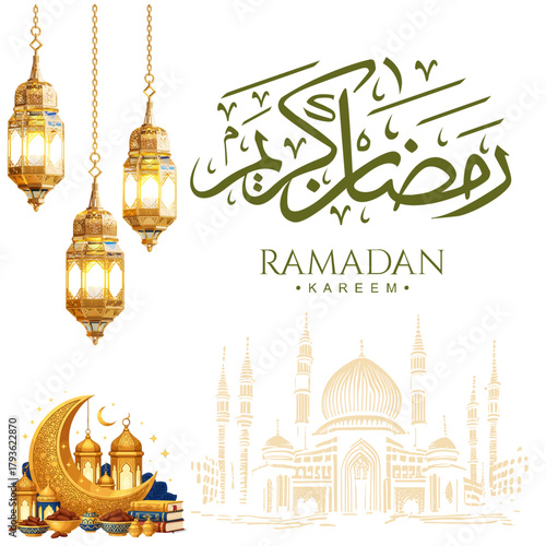 Ramadan Kareem Islamic Background – Lanterns, Mosque, Crescent Moon and Arabic Calligraphy