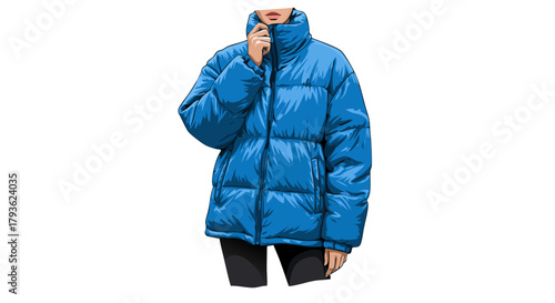 Woman wearing blue puffer jacket in casual indoor setting  