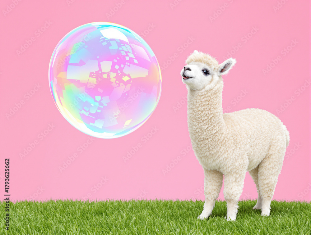 Fototapeta premium White baby alpaca looking curiously at a large, colorful bubble on a vibrant pink background