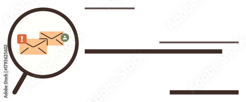 Magnifying glass over emails with alert icons, symbolizing communication, focus, analysis, and notifications. Ideal for email tracking, security, organization, productivity search optimization