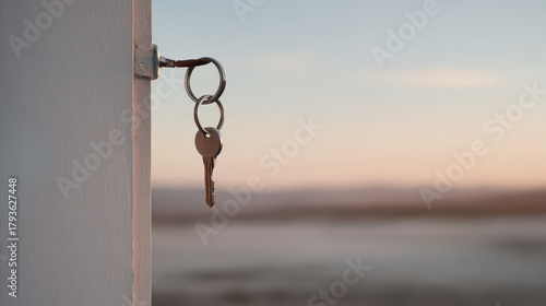 closeup of keys hanging on hook by door illuminated by soft glow of sunset