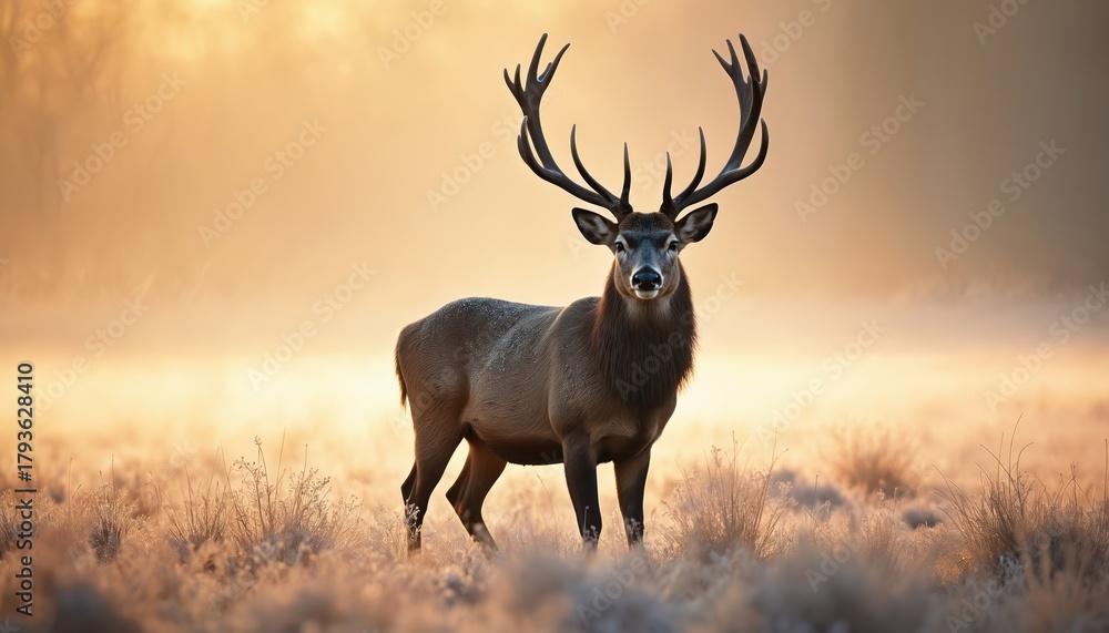 Fototapeta premium Large red deer stag stands in winter meadow. Majestic male deer with antlers looks directly at camera against foggy golden sunrise background. Brown fur and frosty grass create serene atmosphere.