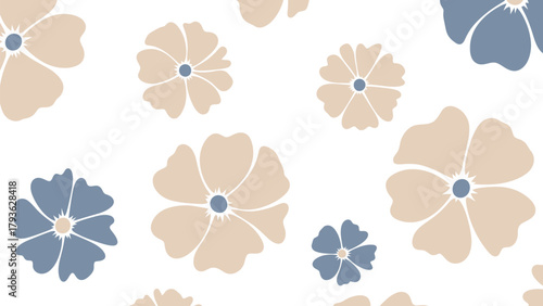 Seamless pattern of simple pastel flowers in beige and dusty blue on a white background, abstract floral design