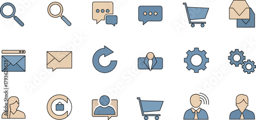 Collection of user interface and web design icons representing various digital actions and elements for online platforms and applications