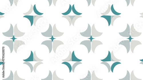 Seamless geometric pattern with star-like motifs in teal and grey on a white background, perfect for textile or wallpaper design