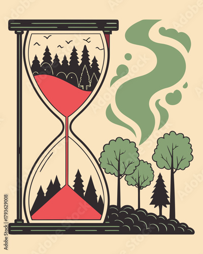 Hourglass with trees on top and smoke below.