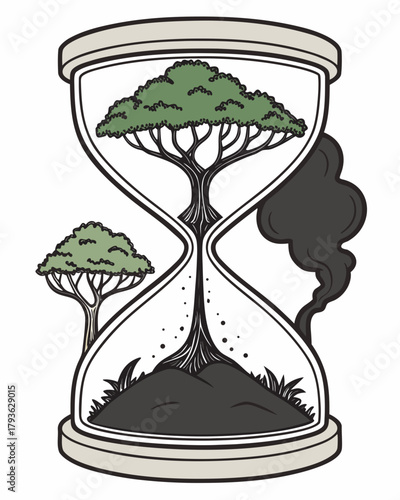 Hourglass with trees on top and smoke below.