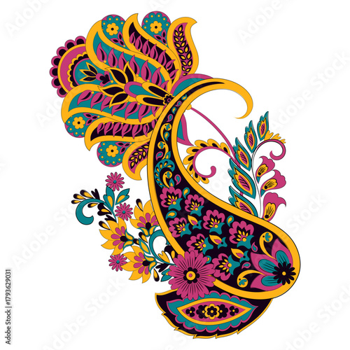 Floral isolated pattern with paisley ornament. Ornate floral decor. Vector illustration