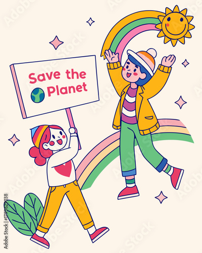 "Save the Planet" poster featuring characters holding signs, colorful cartoon elements, and positive expressions.