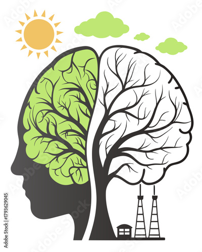 The human brain is torn between nature and pollution.