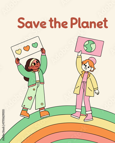 "Save the Planet" poster featuring characters holding signs, colorful cartoon elements, and positive expressions.
