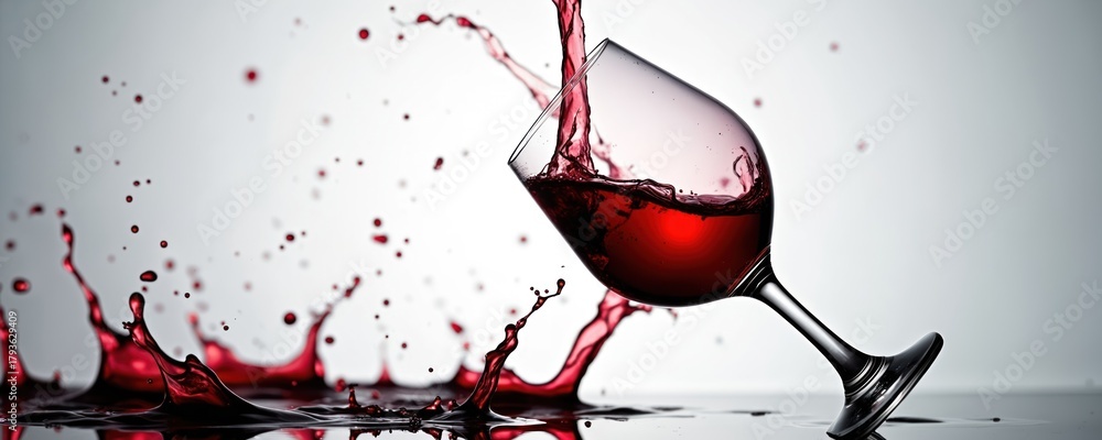 Obraz premium Red wine spills from overturned glass. Dynamic liquid splashes and droplets form abstract shapes. Clean backdrop offers ample copy space for your design projects.