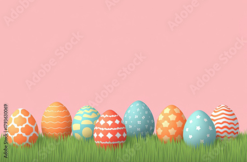 Colorful Easter eggs in green grass with pink background. Copy space for text