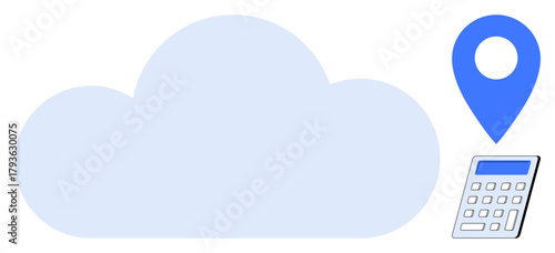 Cloud alongside blue map pin and calculator signify digital storage, data computation, navigation services, location tracking, remote work, cloud technology, accessibility. A clean flat metaphor