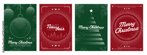 Set of four christmas and Happy New Year vector card designs with festive elements. Holiday season greeting and winter celebration concept.