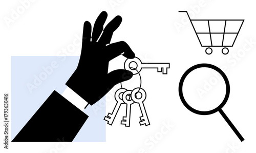 Hand holds keys symbolizing access, paired with a magnifying glass and shopping cart for search, e-commerce, discovery. Ideal for security, strategy, retail, research, online services access