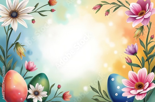 Happy Easter concept picture painted in watercolor. Colorful Easter eggs with flowers