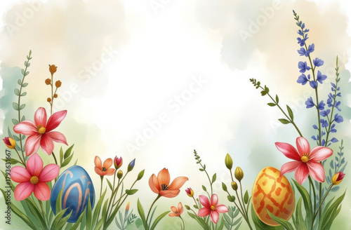 Happy Easter concept picture painted in watercolor. Colorful Easter eggs with flowers