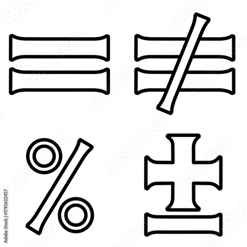 Essential Mathematical Symbols Icon Set. Vector outline elements for finance and calculation: Equals, Not Equal, Percent, and Plus/Minus.