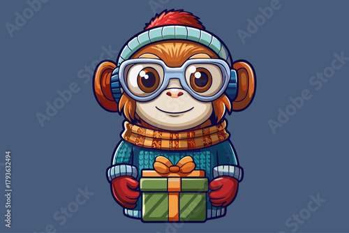 Cozy winter monkey toy with sunglasses and knitted sweater and fur earmuffs to prevent cold, cute character design, simple dark background decoration and playful seasonal gift concept image.