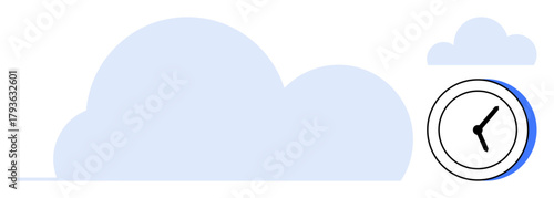 Large and small clouds paired with a clock focusing on time management and digital data connection. Ideal for productivity, data backup, organization, technology, planning, timeliness, efficiency