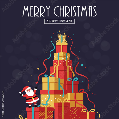 Tiny Santa Waving Beside a Giant Tower of Presents and Confetti, Wishing a Merry Christmas and Happy New Year