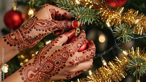 Close-up of Woman Placing Ornament on Christmas Tree