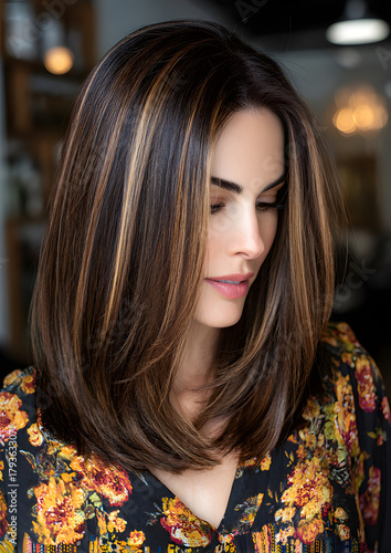 A close-up portrait of a woman who is dark brunette hair with chunky bronze highlights, high contrast colors, straight mid length cut, wearing fall clothes, photo taken in a salon