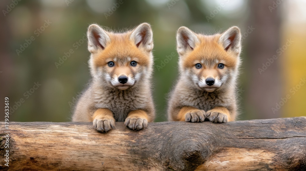 Fototapeta premium Two Adorable Red Fox Cubs Curiously Observing from a Log in Nature