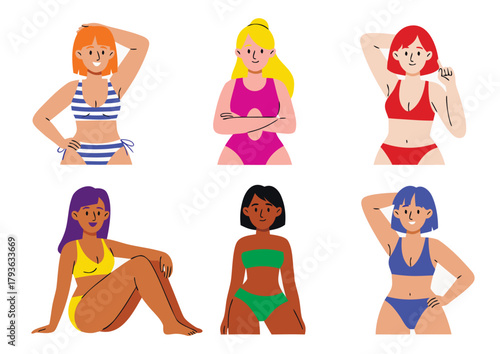 Flat vector illustrations of diverse women in bikinis - different body types, skin tones, and poses on a clean white background; inclusive summer fashion set
