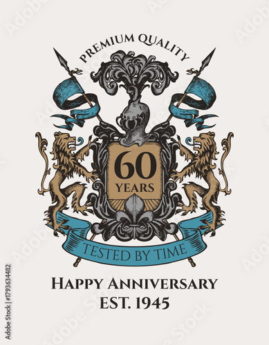 Vector custom wine label with a coat of arms, wine glass, royal crown, lions, ribbons, and a wooden barrel in vintage style. Birthday, anniversary. No AI.