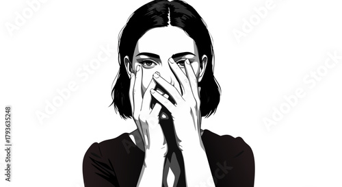 Young woman covering her face with her hands in abstract hand-drawn shading black and white style