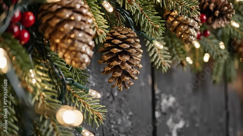 Elegant Christmas Border with Pinecone and Fairy Lights