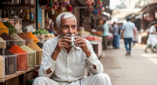 Fototapeta Naklejka Na Ścianę i Meble -  Elderly Indian man drinking tea at a bustling spice market. Senior vendor taking a break at his traditional stall. Authentic portrait of daily life and culture in India