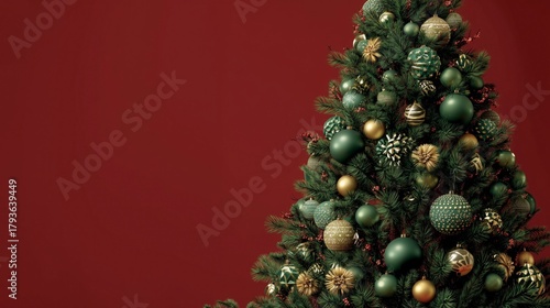 Árbol de Navidad decorado con adornos de color dorado y verde sobre fondo de color rojo