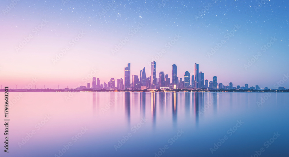 Fototapeta premium Pastel City Reflection Under Starlight