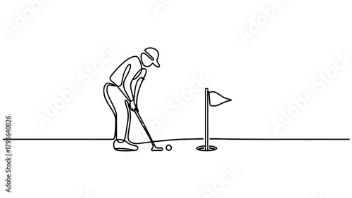 A simple line drawing depicts a golfer aiming to putt the ball into the hole