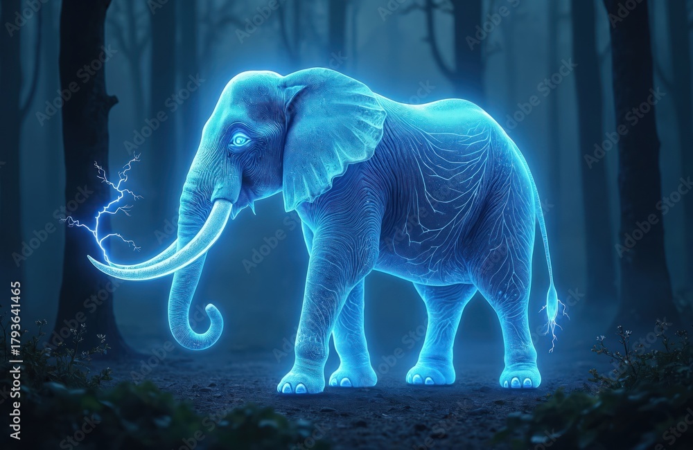 Naklejka premium Glowing blue elephant stands in misty dark forest. Lightnings radiate from trunk. Spirit animal guardian illustration evokes sense of magic, nature power in fantasy winter landscape. Art for card