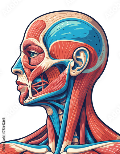 Anatomical illustration showcasing the detailed musculature and skeletal structure of the human head and neck in a realistic style with transparent
