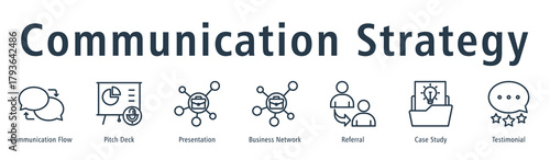 Communication strategy web banner icon vector illustration concept with icon of communication flow, pitch deck, presentation, business network, referral, case study, and testimonial.