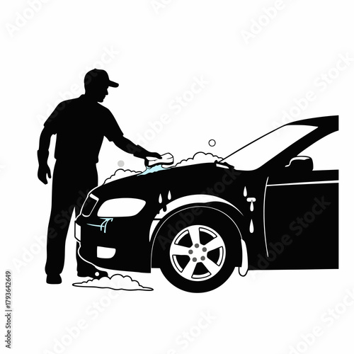 vector silhouette of a worker washing a car
