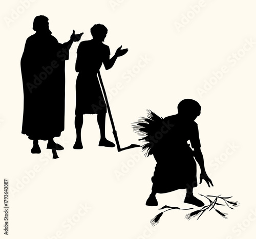 Vector drawing. Ruth and Boaz in the field