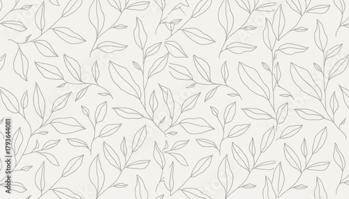 Illustration of repeating pattern of thin branches with leaves on a pale background