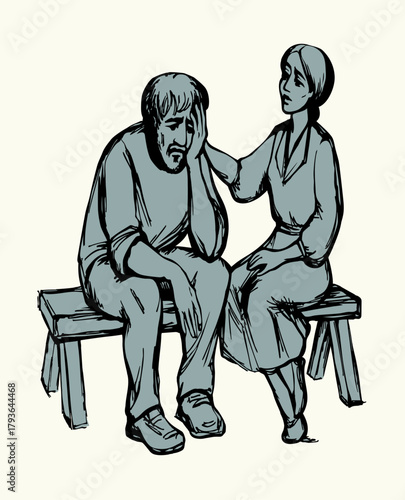 Vector drawing. Girl and sad man